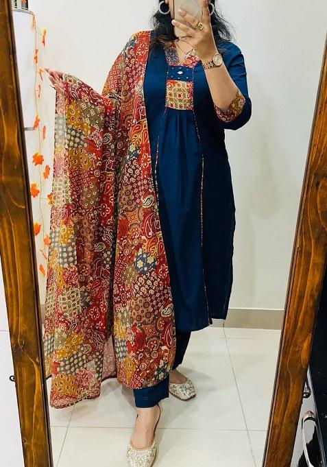 Blue Embroidery Cotton Kurta Set