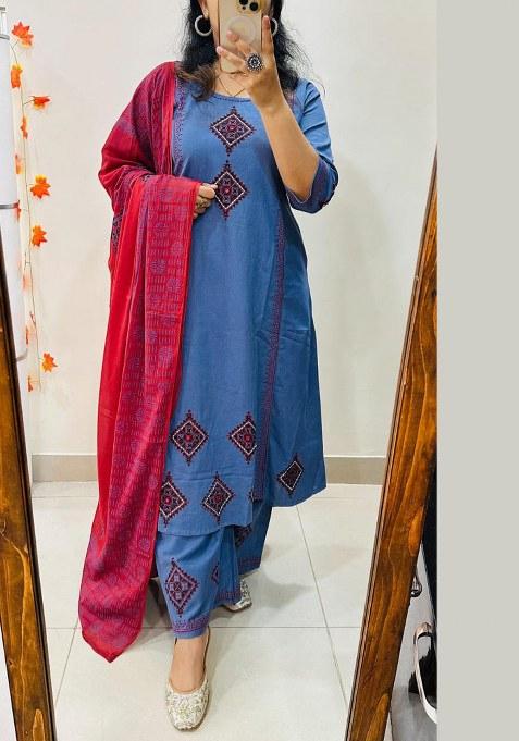 Blue Embroidery Cotton Kurta Set