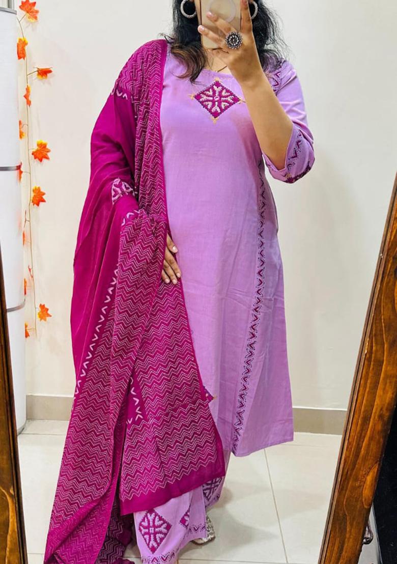 Purple Embroidery Cotton Kurta Set - Indya