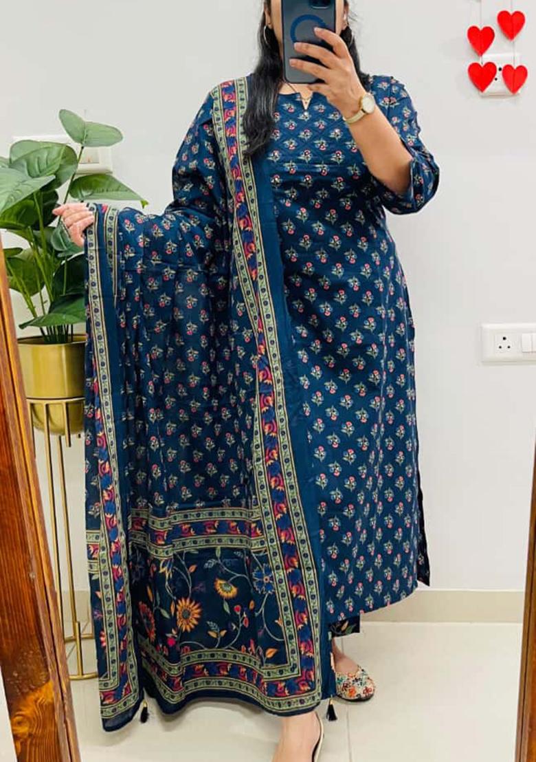 Blue Printed Cotton Kurta Set - Indya