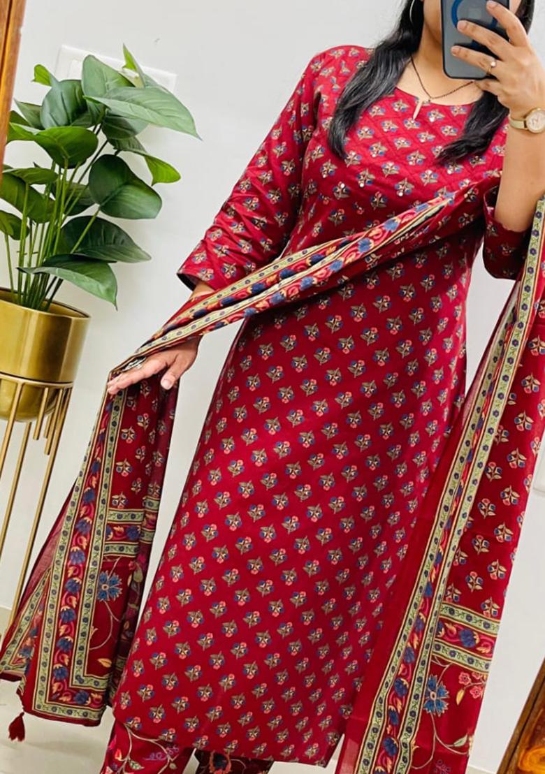 Red Printed Cotton Kurta Set - Indya