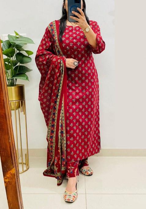Red Printed Cotton Kurta Set