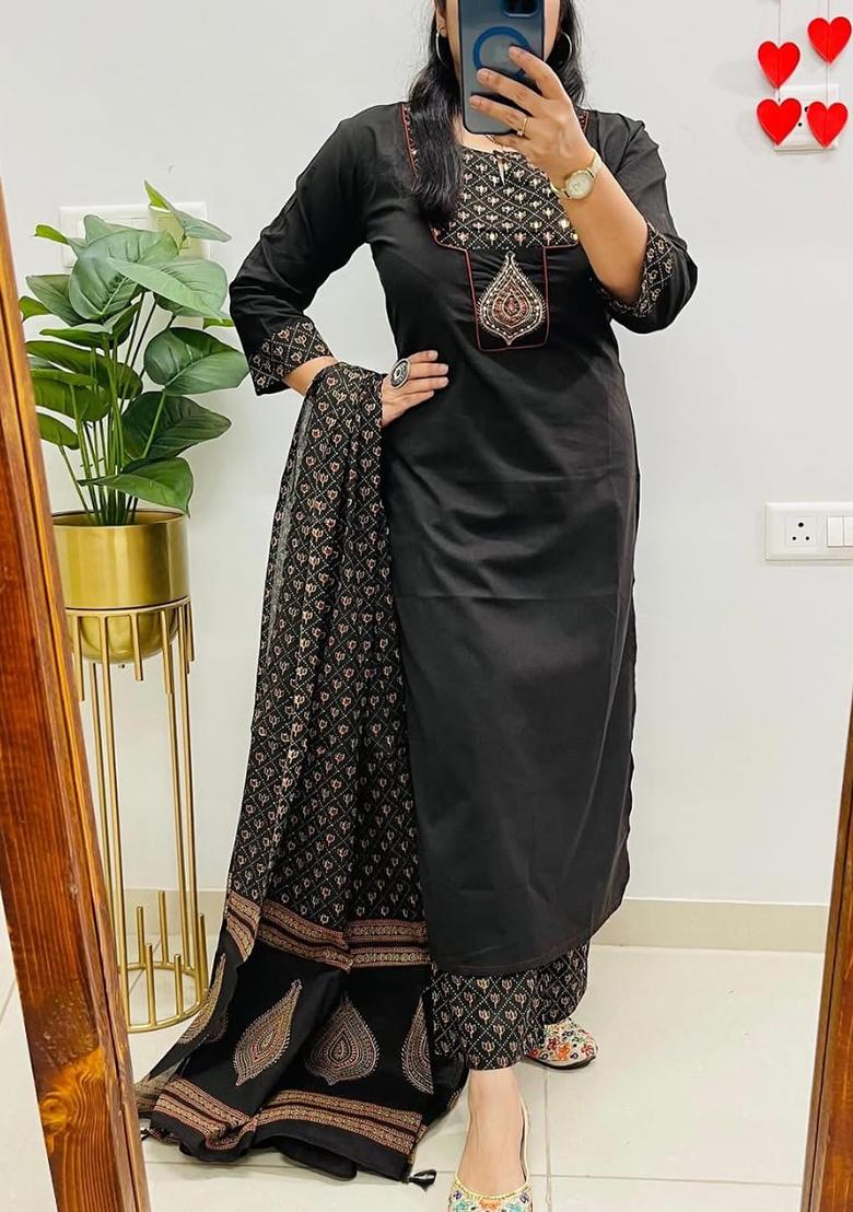 Black Embroidery Cotton Kurta Set - Indya