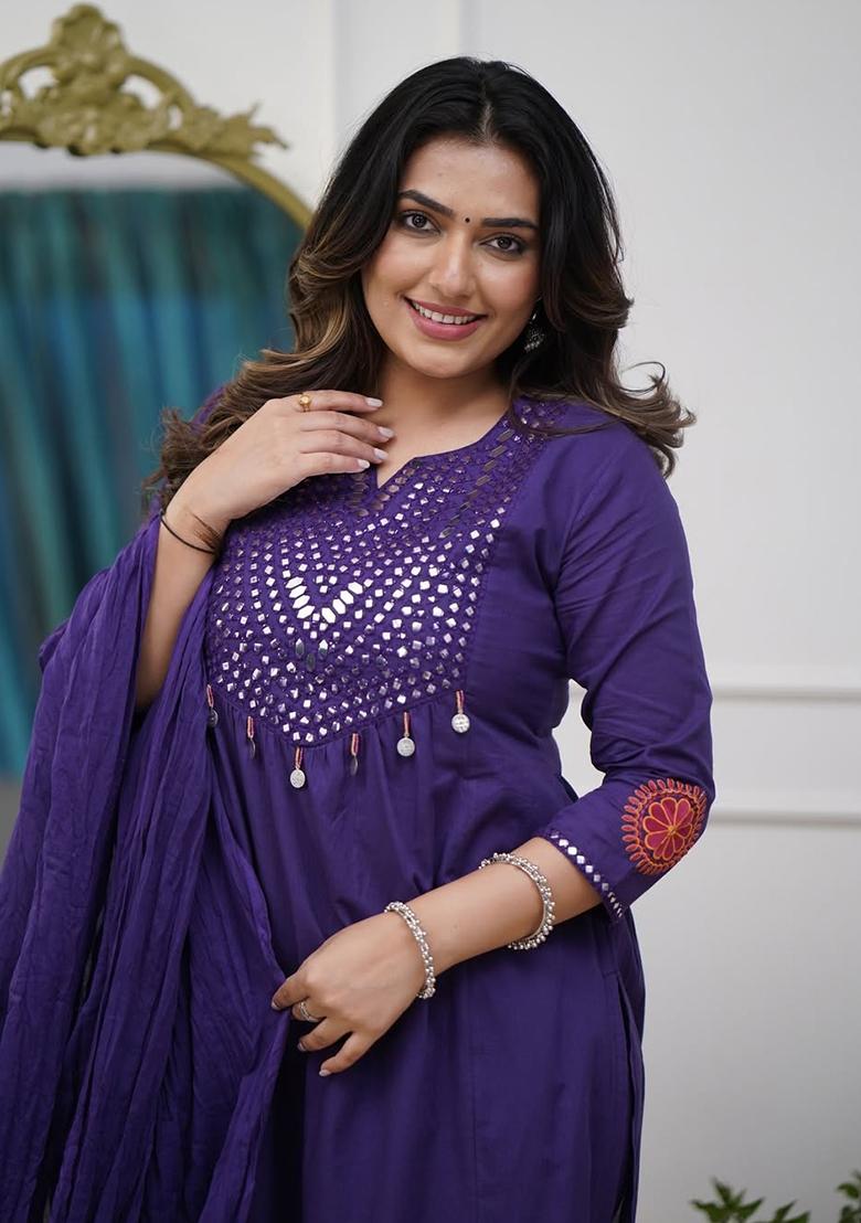 Blue Embroidery Cotton Kurta Set - Indya