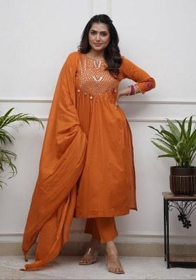 Rust Embroidery Cotton Kurta Set