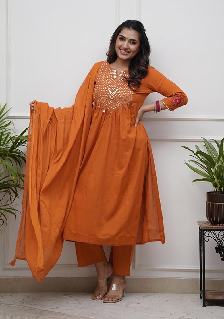 Rust Embroidery Cotton Kurta Set - Indya