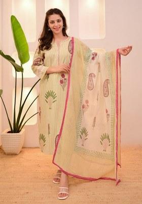 Green Printed Cotton Kurta Set