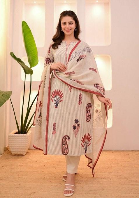 Off White Printed Cotton Kurta Set