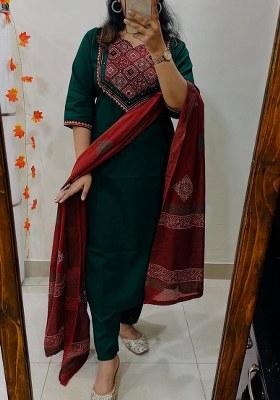 Green Printed Cotton Kurta Set