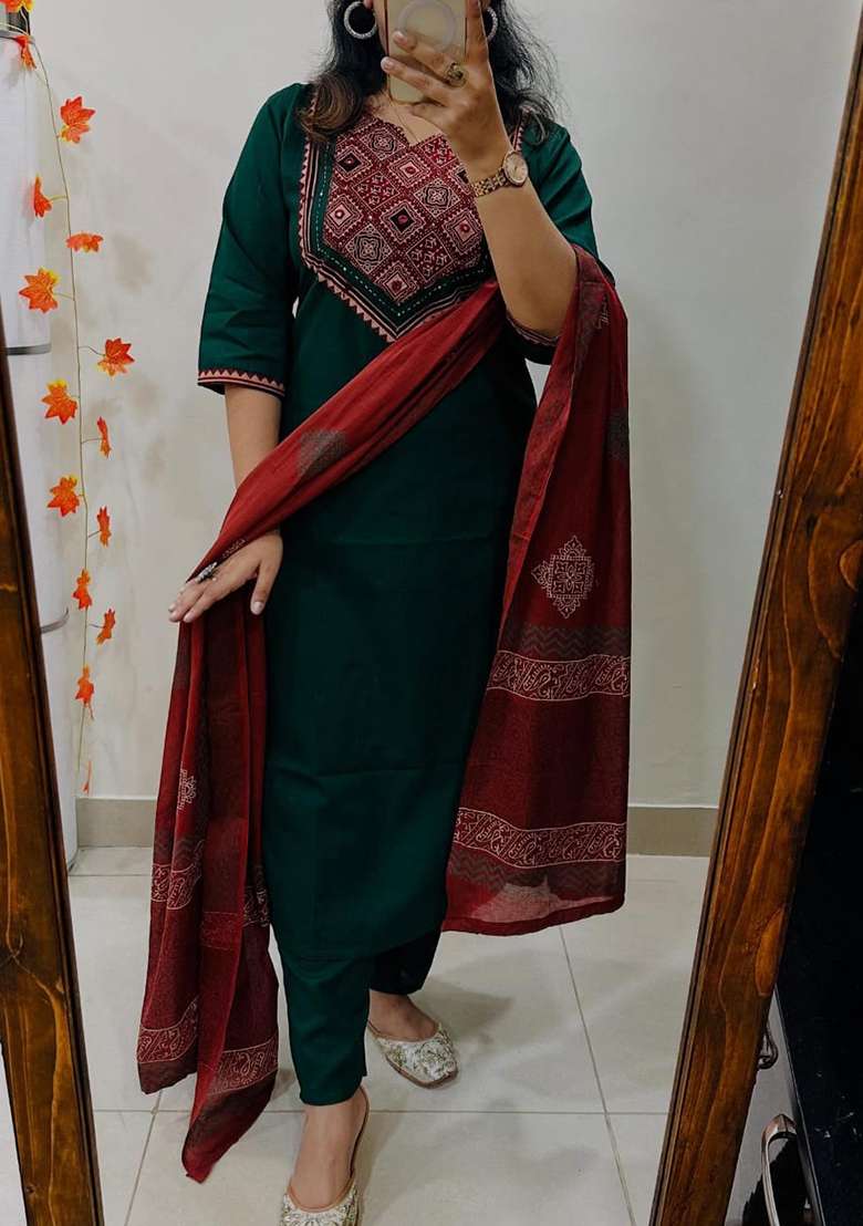 Green Printed Cotton Kurta Set - Indya