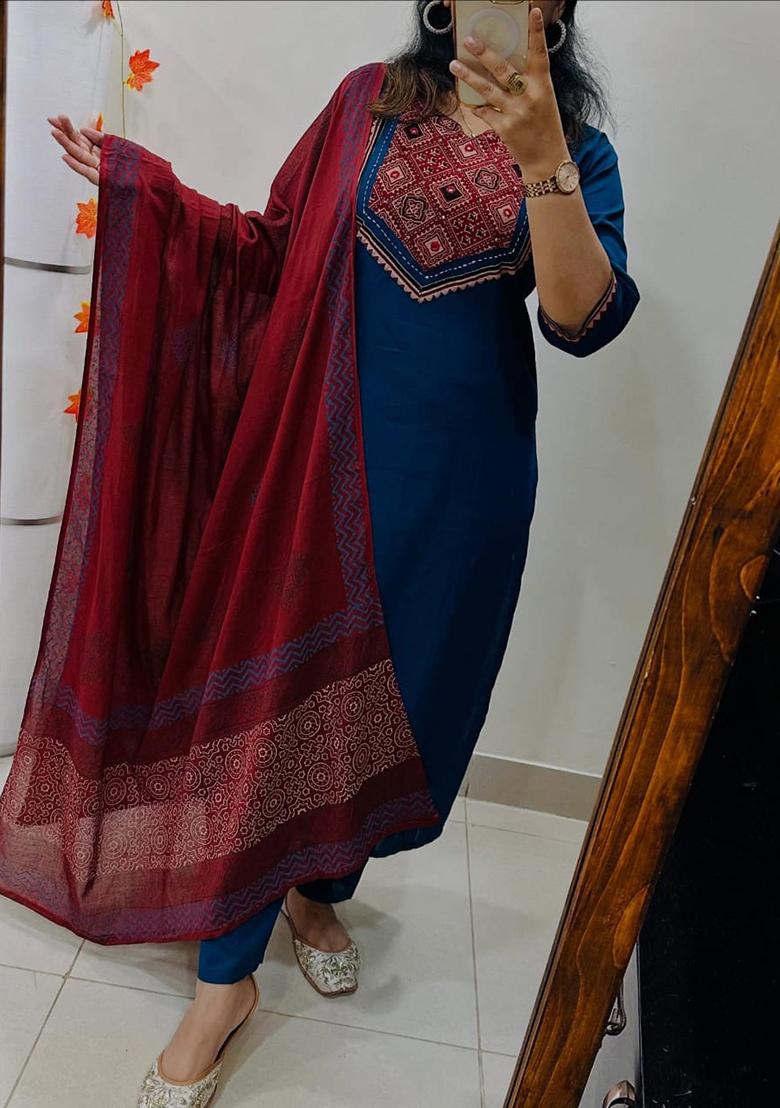 Blue Printed Cotton Kurta Set - Indya