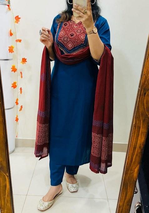 Blue Printed Cotton Kurta Set