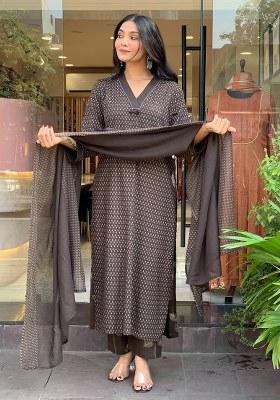 Brown Printed Cotton Kurta Set