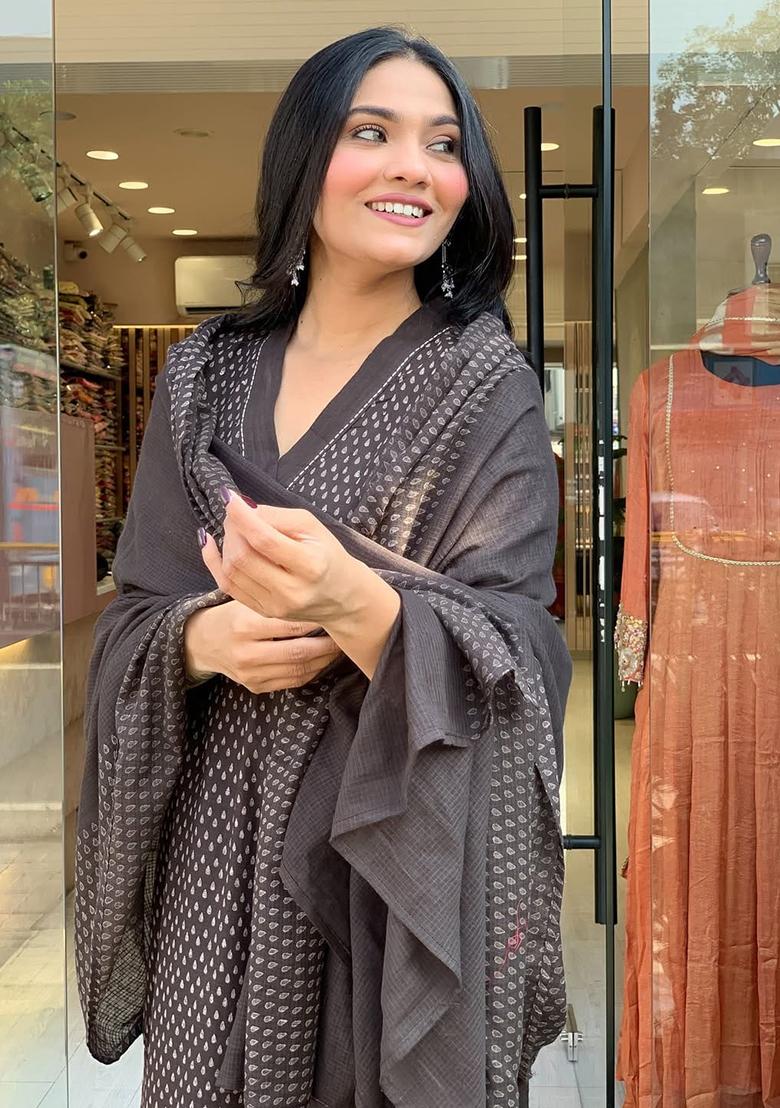 Brown Printed Cotton Kurta Set - Indya