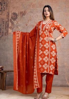 Rust Embroidery Cotton Kurta Set