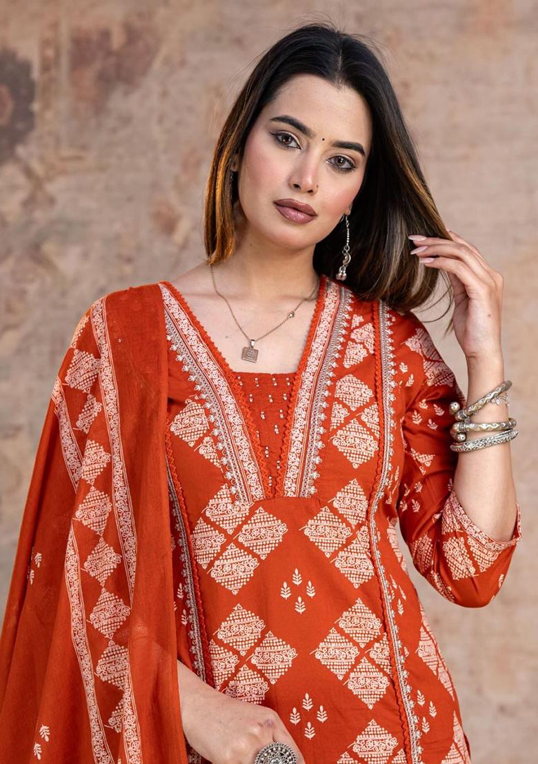 Rust Embroidery Cotton Kurta Set - Indya