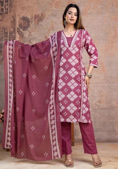 Pink Embroidery Cotton Kurta Set