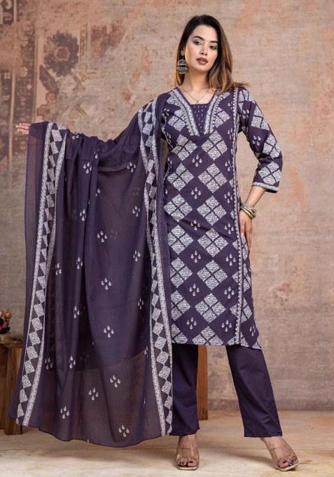 Blue Embroidery Cotton Kurta Set