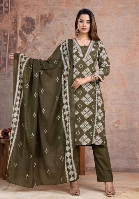 Green Embroidery Cotton Kurta Set