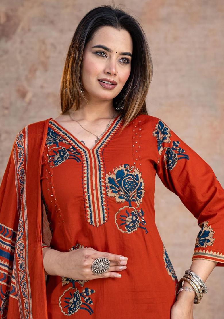 Rust Embroidery Cotton Kurta Set - Indya