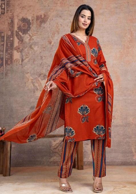 Rust Embroidery Cotton Kurta Set