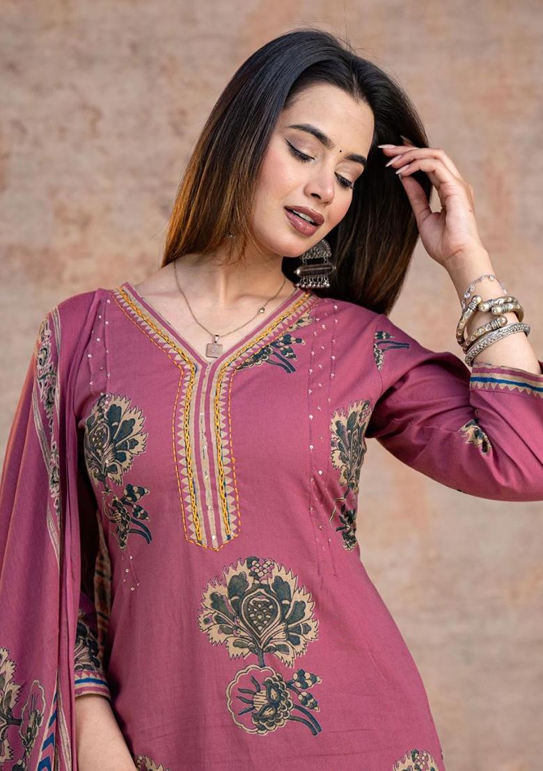 Pink Embroidery Cotton Kurta Set - Indya