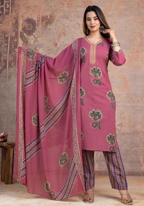 Pink Embroidery Cotton Kurta Set