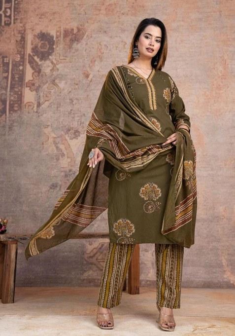 Green Embroidery Cotton Kurta Set