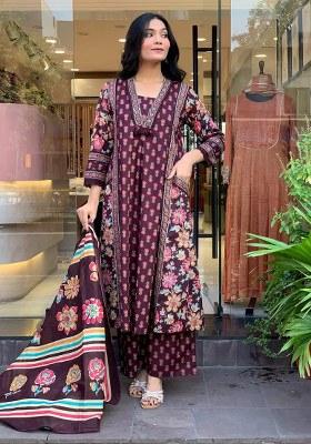 Maroon Embroidery Cotton Kurta Set
