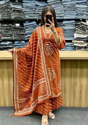 Rust Embroidery Cotton Kurta Set