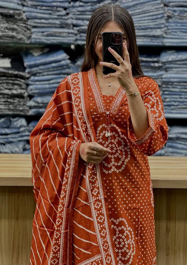 Rust Embroidery Cotton Kurta Set - Indya