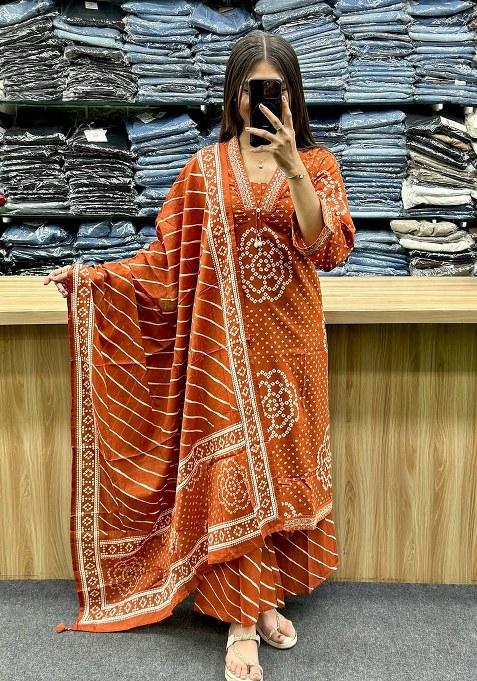Rust Embroidery Cotton Kurta Set