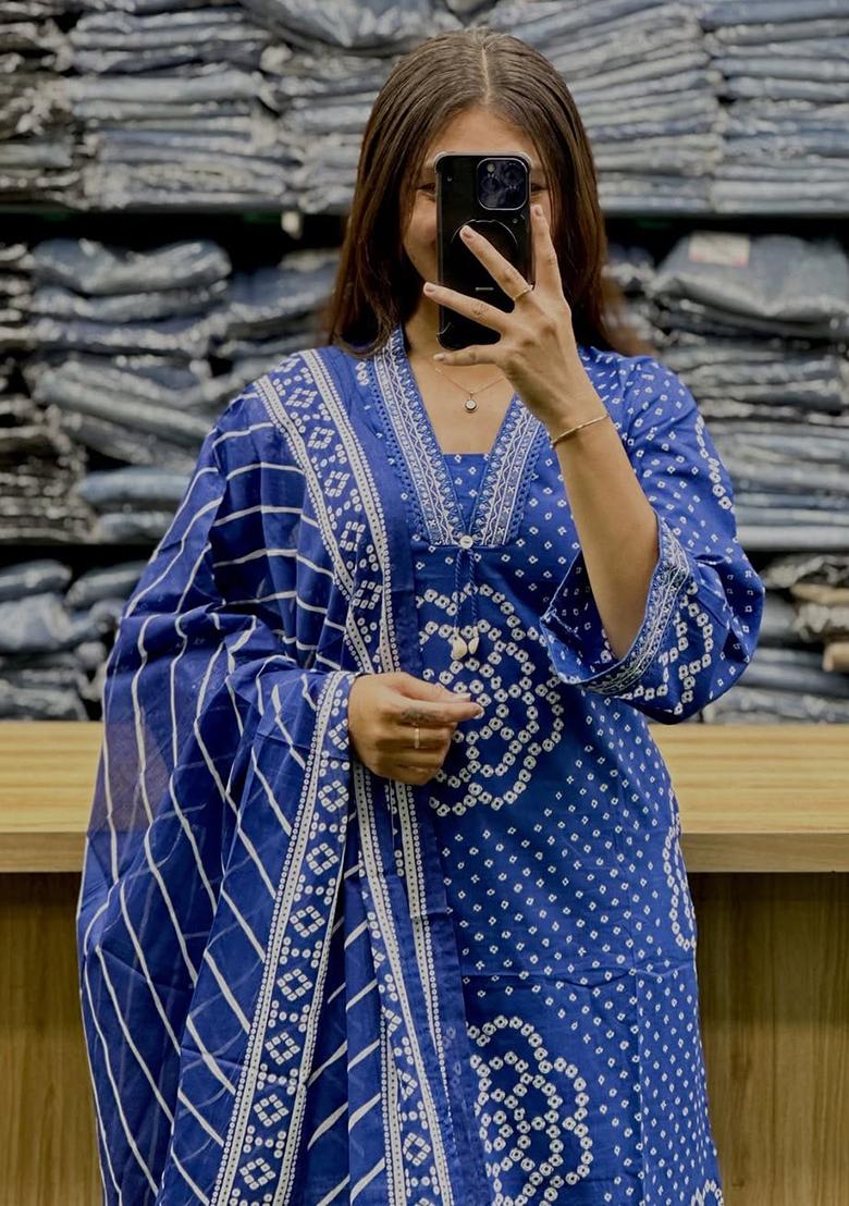 Blue Embroidery Cotton Kurta Set - Indya