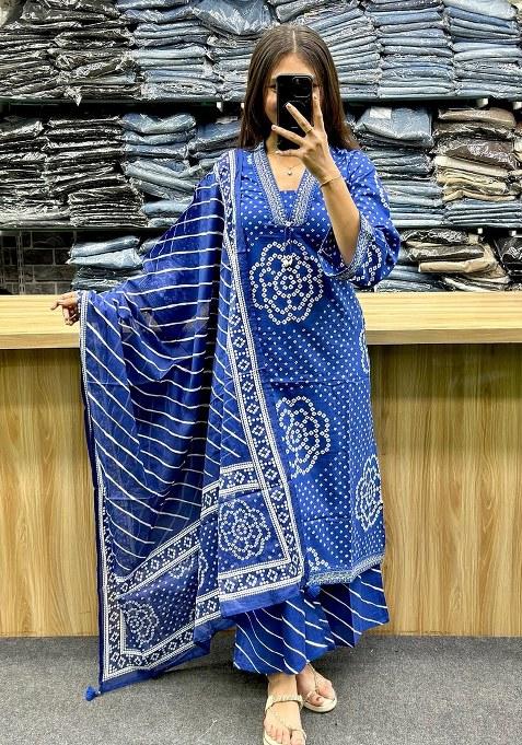 Blue Embroidery Cotton Kurta Set