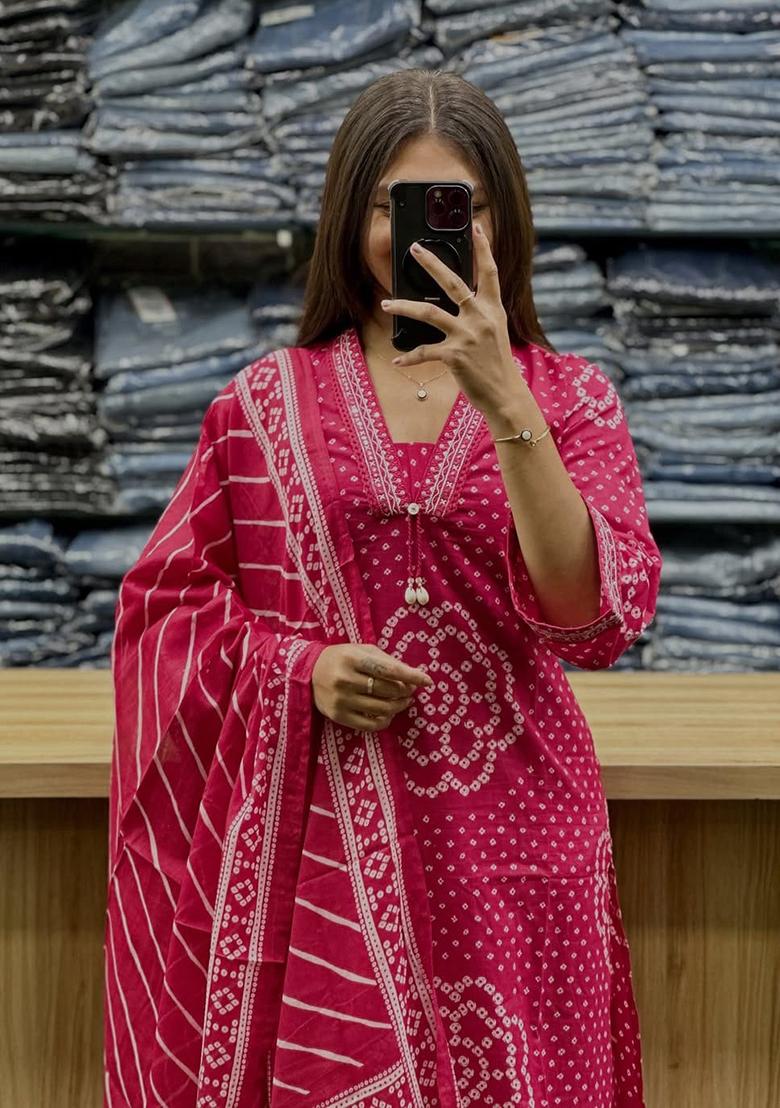 Pink Embroidery Cotton Kurta Set - Indya