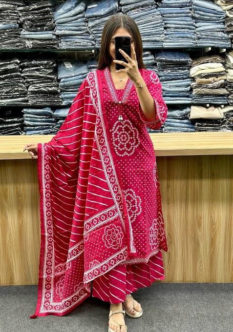 Pink Embroidery Cotton Kurta Set