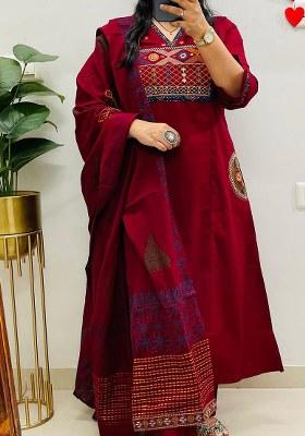 Maroon Embroidery Cotton Kurta Set