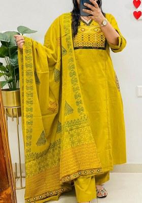 Dark Yellow Embroidery Cotton Kurta Set