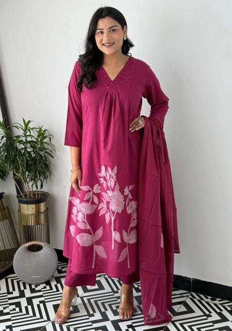 Maroon Embroidery Cotton Kurta Set
