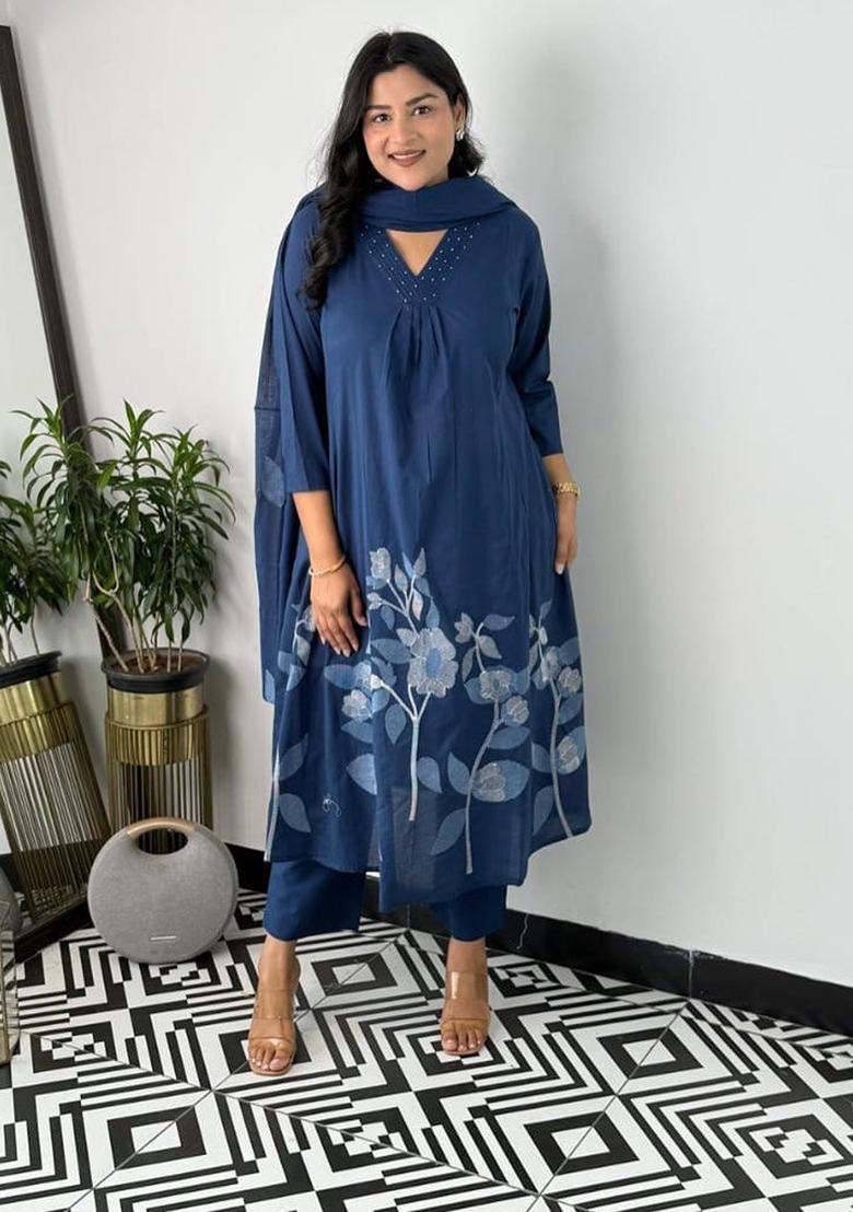 Blue Embroidery Cotton Kurta Set - Indya