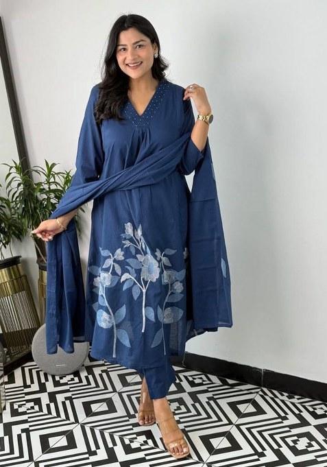 Blue Embroidery Cotton Kurta Set