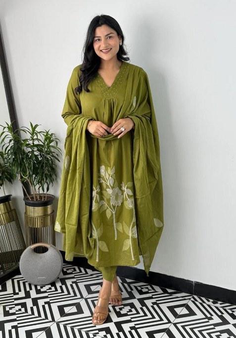 Green Embroidery Cotton Kurta Set
