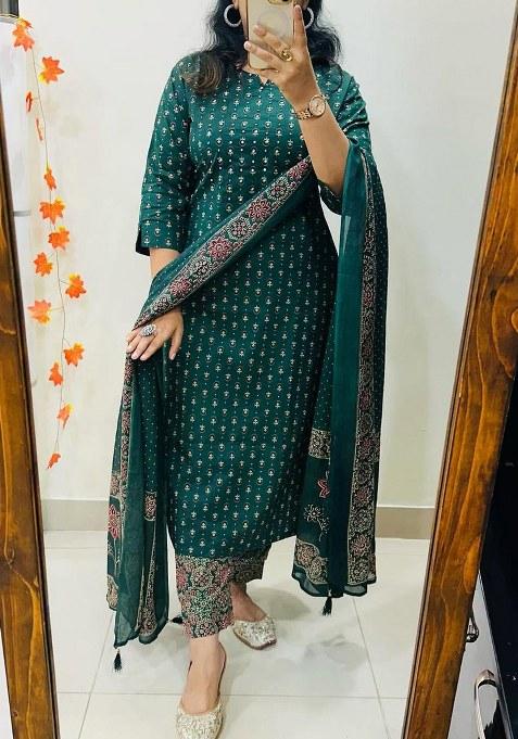 Green Embroidery Cotton Kurta Set