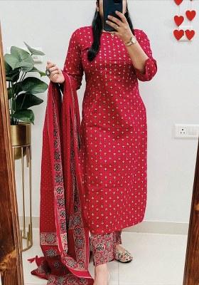Red Embroidery Cotton Kurta Set