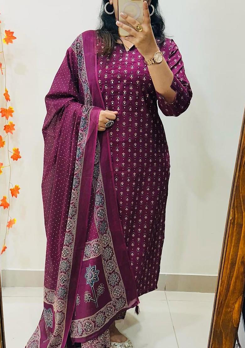 Purple Embroidery Cotton Kurta Set - Indya