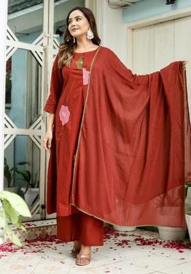 Red Embroidery Cotton Kurta Set
