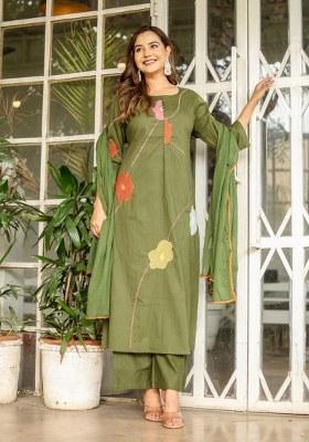 Green Embroidery Cotton Kurta Set