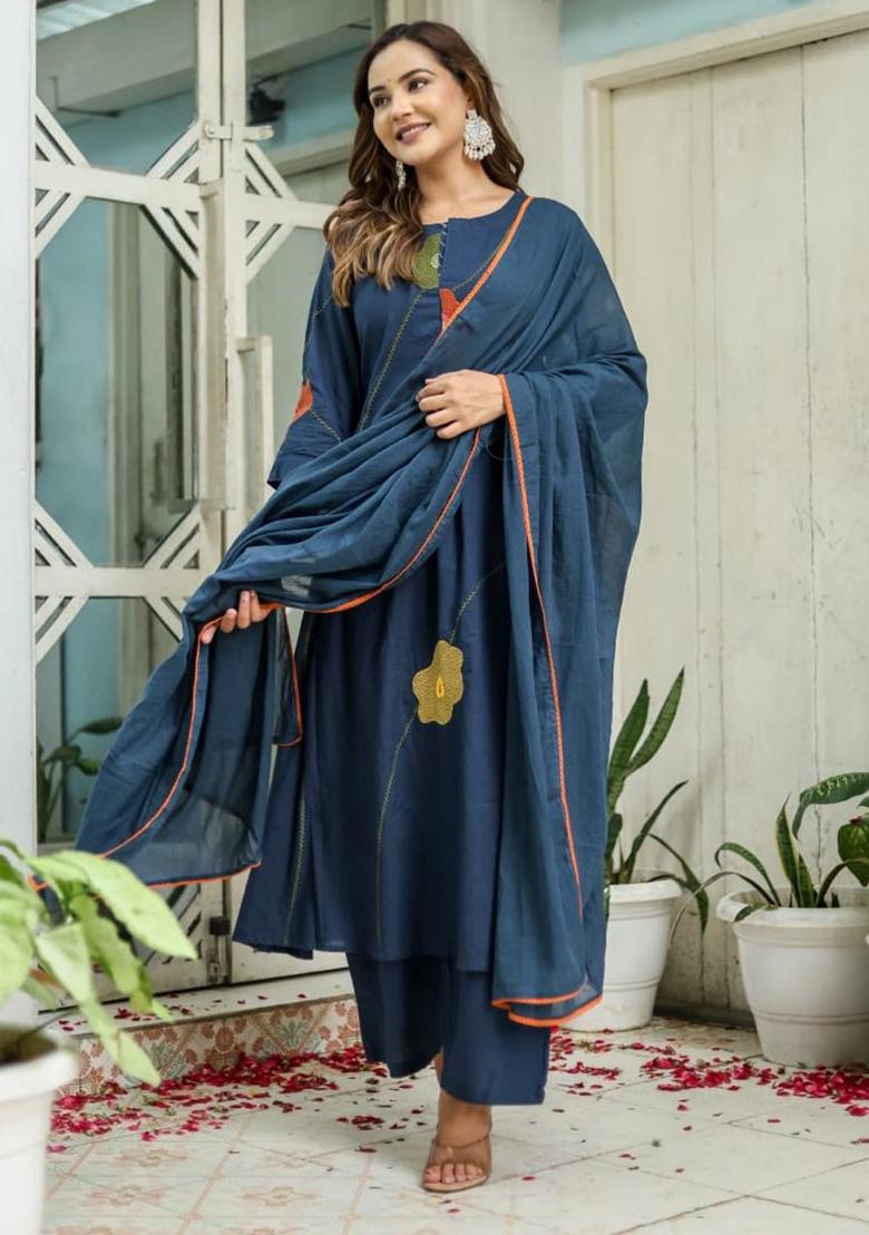 Blue Embroidery Cotton Kurta Set - Indya