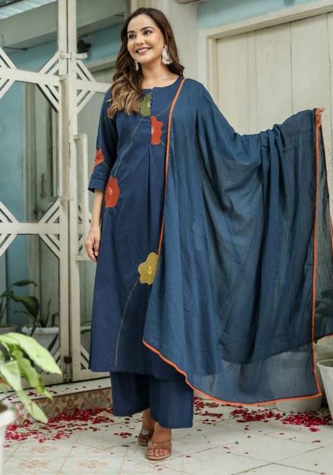 Blue Embroidery Cotton Kurta Set