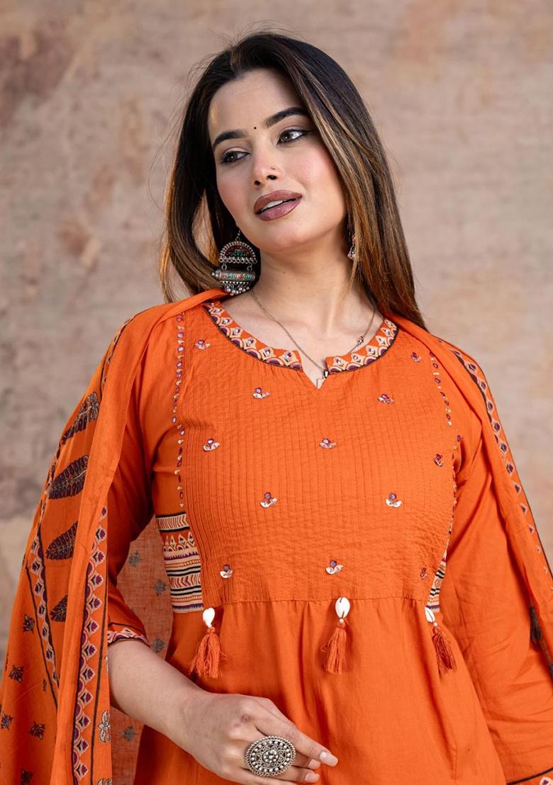 Rust Embroidery Cotton Kurta Set - Indya
